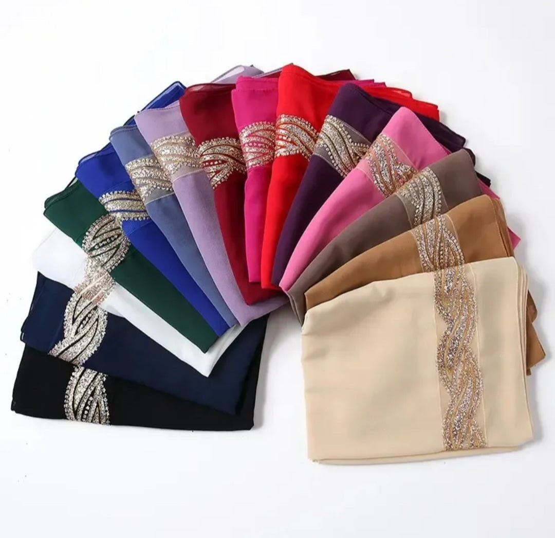 Embellished Luxe Chiffon Hijab – Gold & Silver Bead Embroidery | Elegant Occasion Scarf 180x70cm