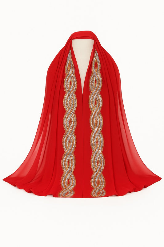 Embellished Luxe Chiffon Hijab – Gold & Silver Bead Embroidery | Elegant Occasion Scarf 180x70cm