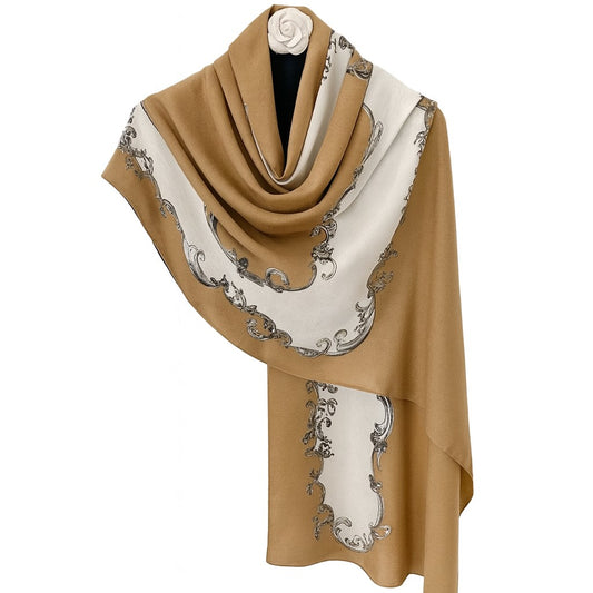 Amodeyah Two-Tone Printed Hijab — Camel • Cream (Baroque Border)