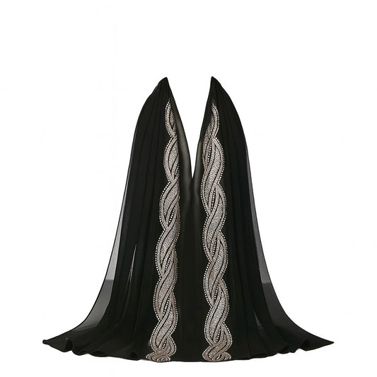 Embellished Luxe Chiffon Hijab – Gold & Silver Bead Embroidery | Elegant Occasion Scarf 180x70cm