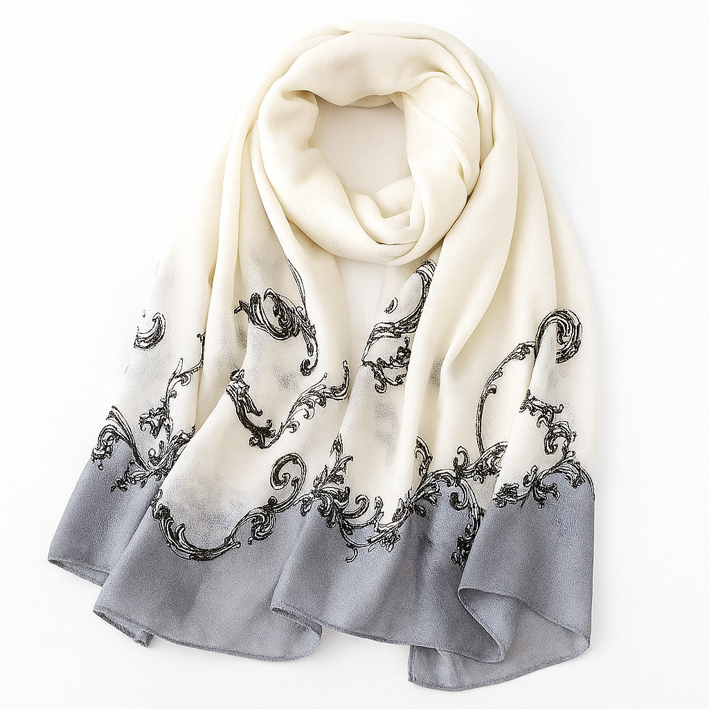 Amodeyah Two-Tone Printed Hijab — Cream • Dove Grey (Baroque Border)