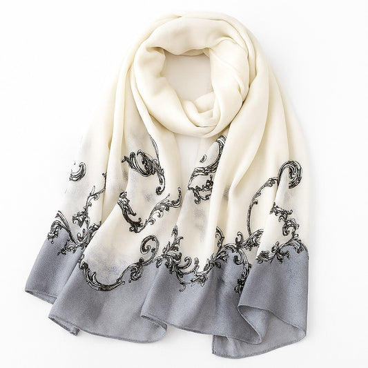 Amodeyah Two-Tone Printed Hijab — Cream • Dove Grey (Baroque Border)