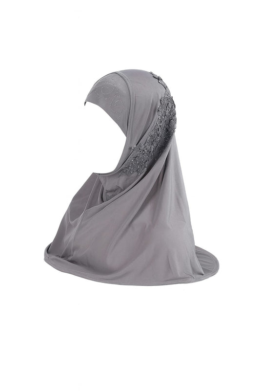 Grey Embellished Lace Instant Hijab for Kids