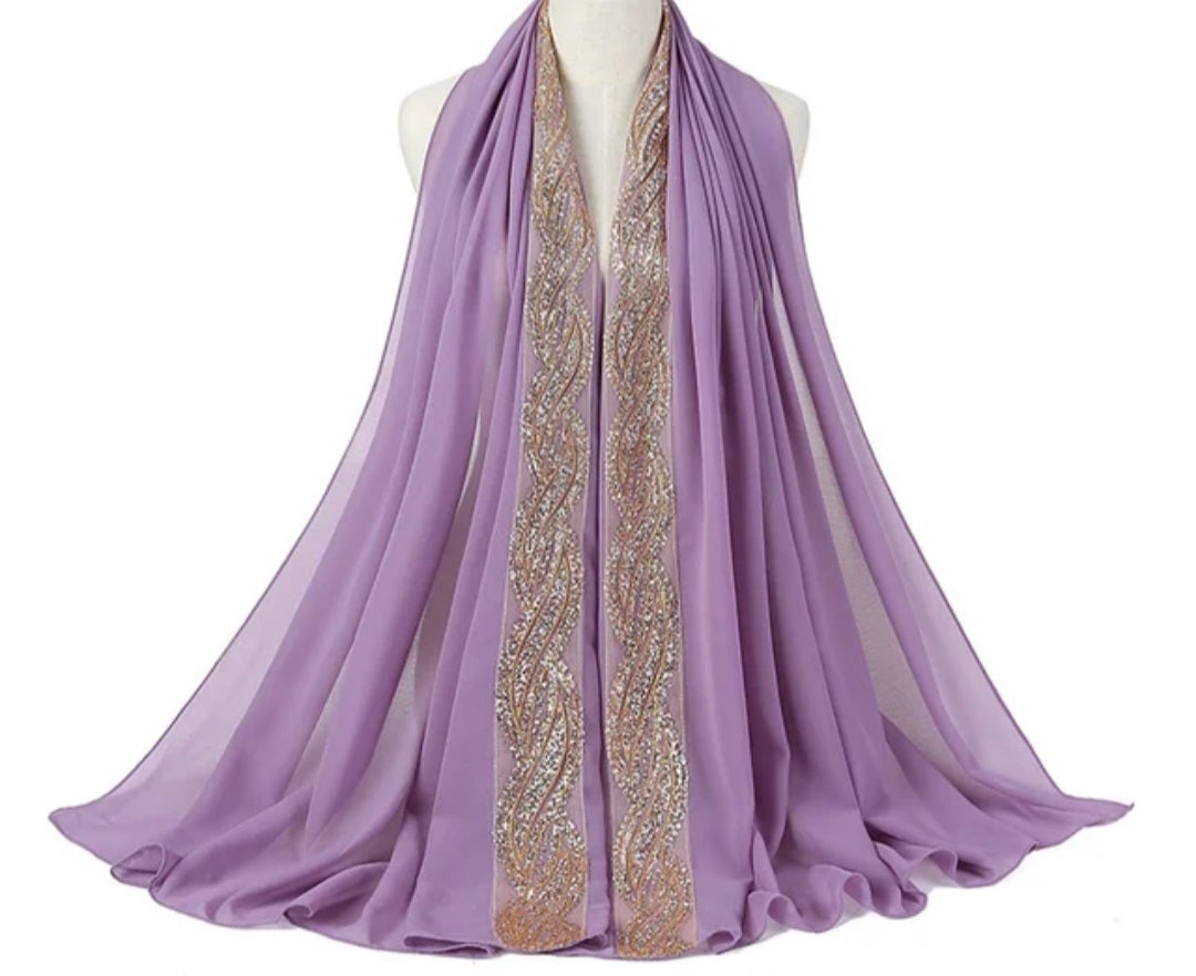 Embellished Luxe Chiffon Hijab – Gold & Silver Bead Embroidery | Elegant Occasion Scarf 180x70cm