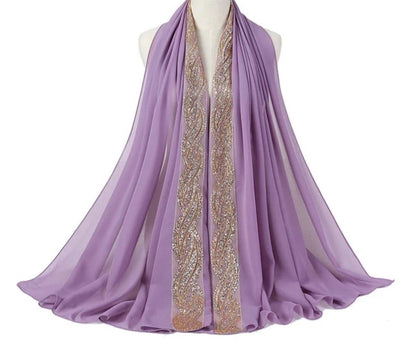 Embellished Luxe Chiffon Hijab – Gold & Silver Bead Embroidery | Elegant Occasion Scarf 180x70cm