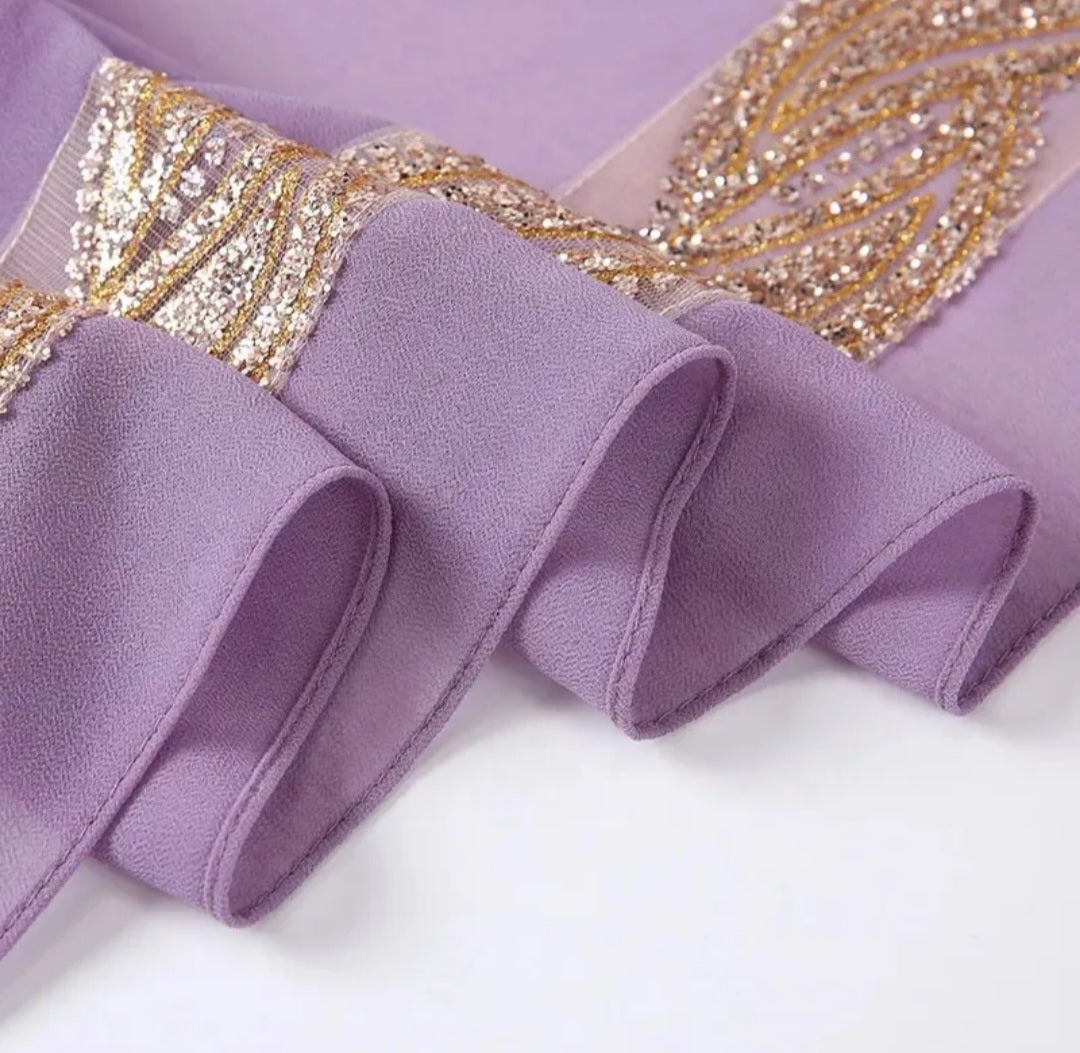 Embellished Luxe Chiffon Hijab – Gold & Silver Bead Embroidery | Elegant Occasion Scarf 180x70cm