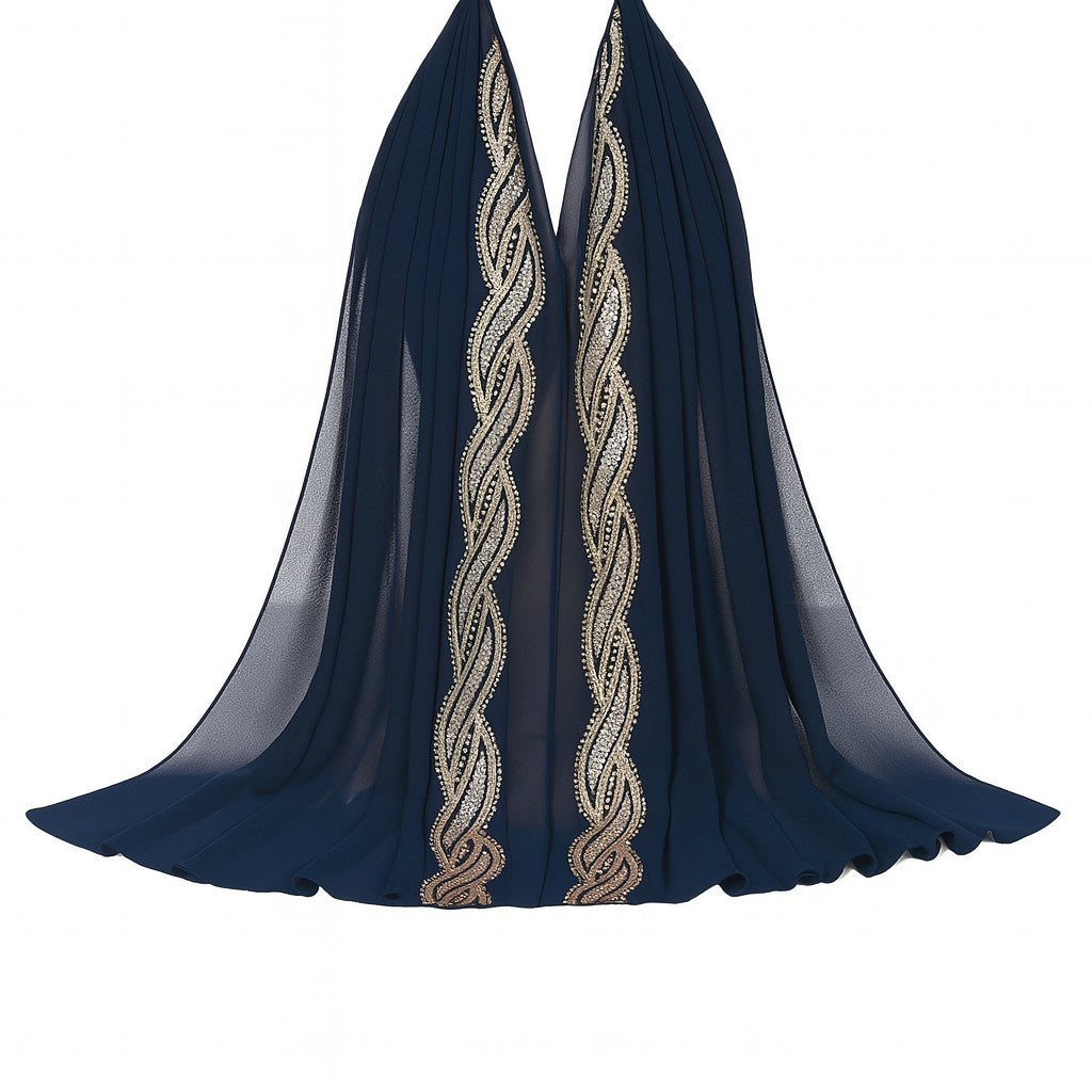 Embellished Luxe Chiffon Hijab – Gold & Silver Bead Embroidery | Elegant Occasion Scarf 180x70cm