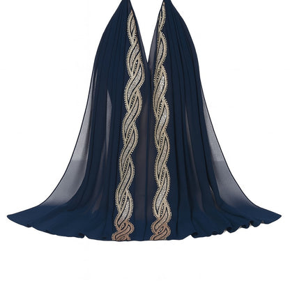 Embellished Luxe Chiffon Hijab – Gold & Silver Bead Embroidery | Elegant Occasion Scarf 180x70cm