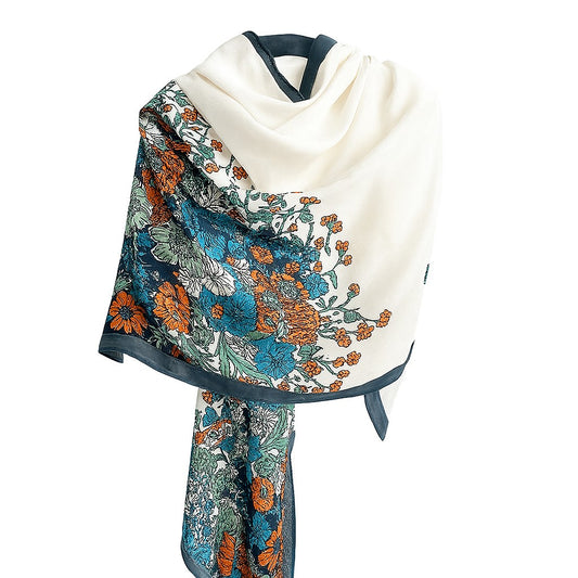 Floral Print Hijab – Navy Edge | Cotton-Mix Scarf