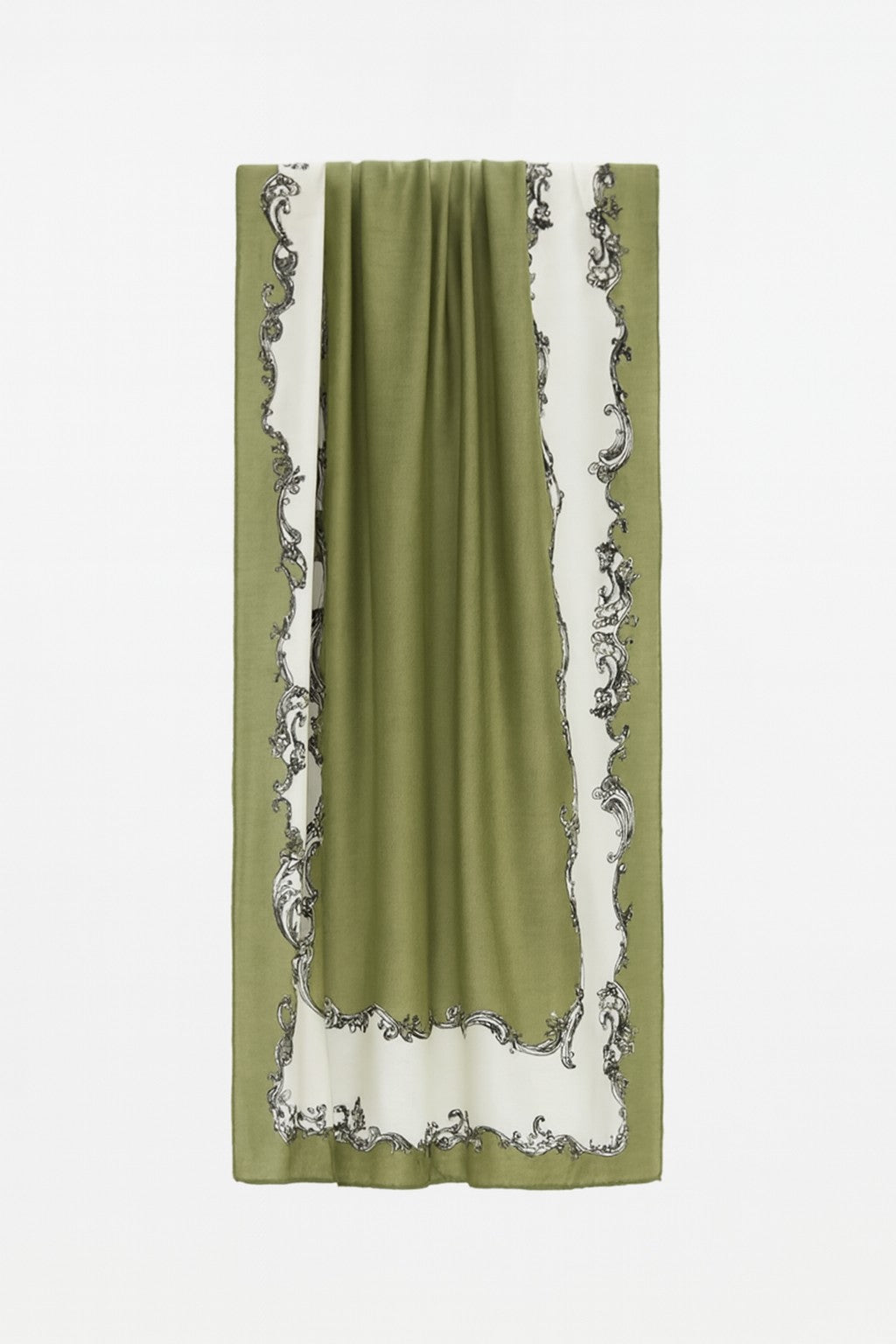 Amodeyah Two-Tone Printed Hijab — Olive • Cream (Baroque Border)