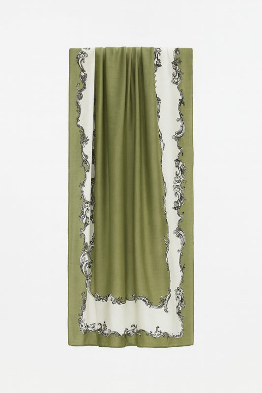 Amodeyah Two-Tone Printed Hijab — Olive • Cream (Baroque Border)