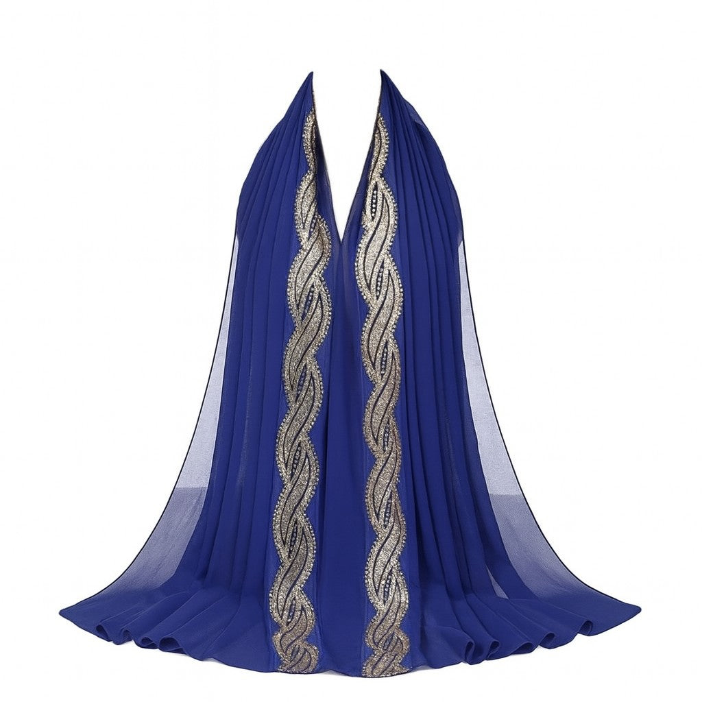 Embellished Luxe Chiffon Hijab – Gold & Silver Bead Embroidery | Elegant Occasion Scarf 180x70cm
