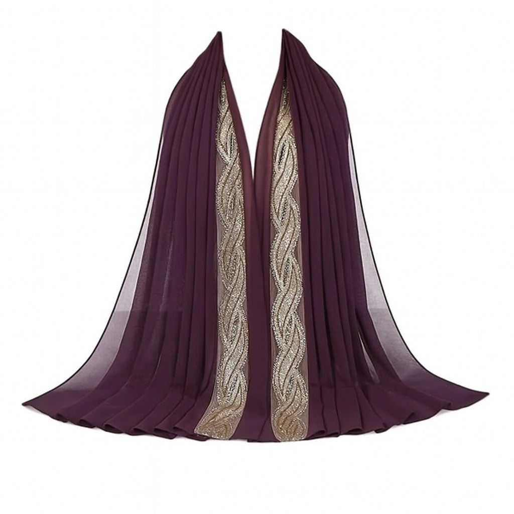 Embellished Luxe Chiffon Hijab – Gold & Silver Bead Embroidery | Elegant Occasion Scarf 180x70cm