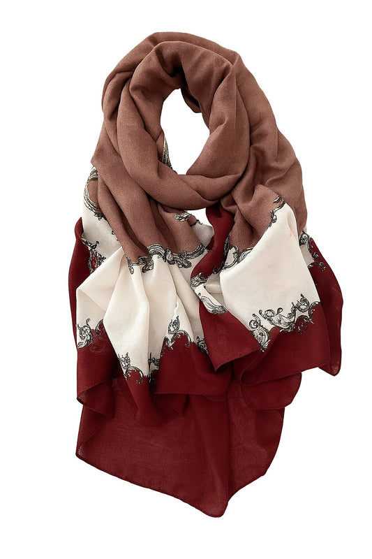Amodeyah Tri-Tone Printed Hijab — Burgundy • Cream • Mocha