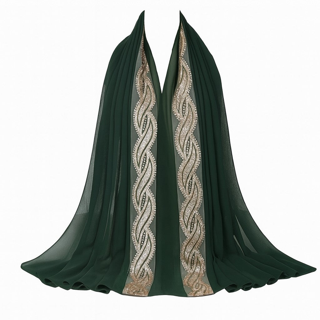 Embellished Luxe Chiffon Hijab – Gold & Silver Bead Embroidery | Elegant Occasion Scarf 180x70cm
