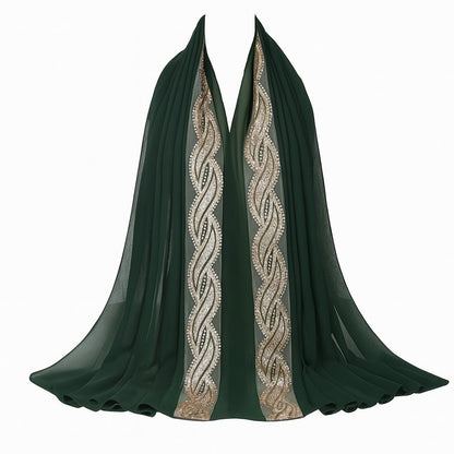 Embellished Luxe Chiffon Hijab – Gold & Silver Bead Embroidery | Elegant Occasion Scarf 180x70cm